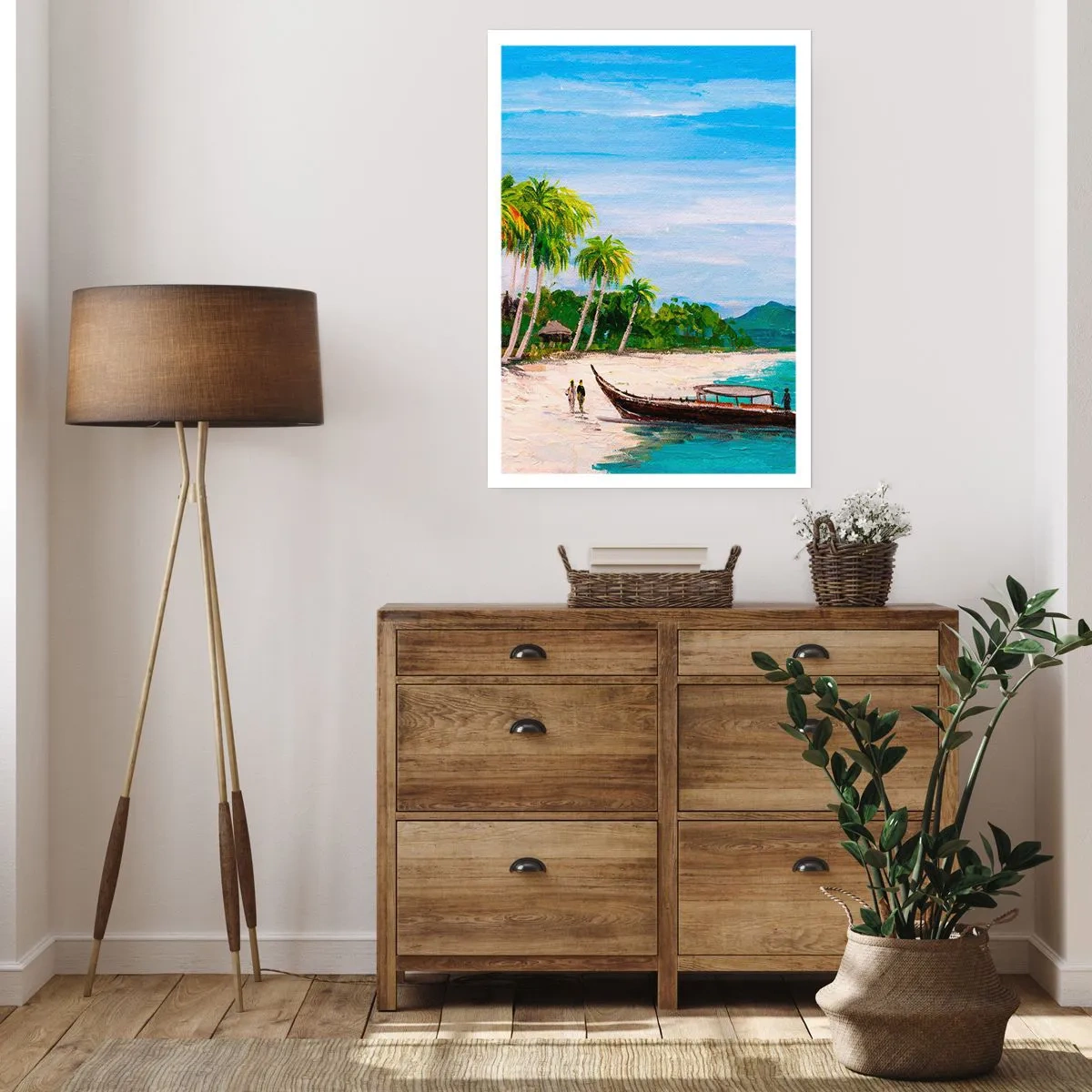 Póster - Playa tropical con palmeras y un barco en la orilla. - 50x70cm - Un sueño exótico - Decoración de pared moderna para salón y dormitorio ARTTOR