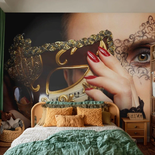 Fotomural Premium Canvas - Una mujer con una máscara veneciana decorada con oro y encaje. - 100x70cm - Mi mundo es barroco - Decoración de pared moderna para salón y dormitorio ARTTOR