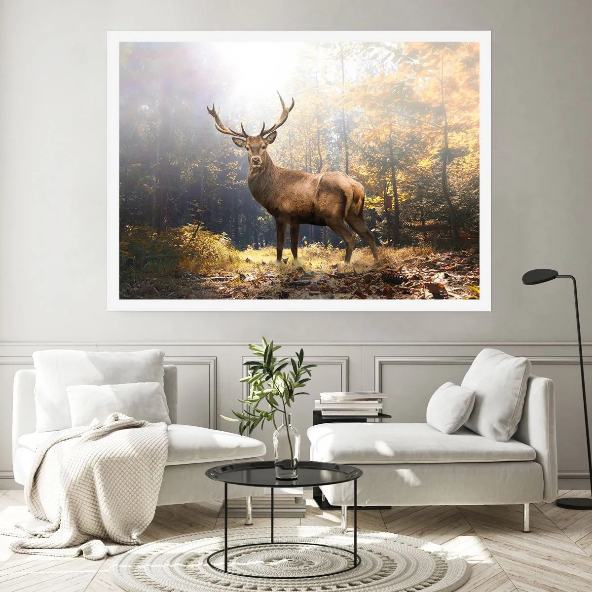 Póster - Ciervos en el bosque otoñal con rayos de sol. - 100x70cm - Con toda la majestuosidad - Decoración de pared moderna para salón y dormitorio ARTTOR