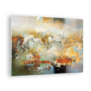 Cuadro sobre vidrio - Impresiones sobre Vidrio - Caballos abstractos en movimiento dinámico - 70x50cm - Galopando a través de la luz - Decoración de pared moderna para salón y dormitorio ARTTOR