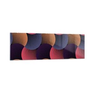 Cuadro sobre vidrio - Impresiones sobre Vidrio - Círculos geométricos en tonos rosa, morado y dorado. - 160x50cm - En un ritmo circular - Decoración de pared moderna para salón y dormitorio ARTTOR