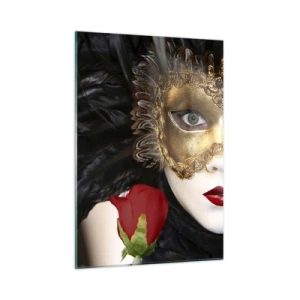 Cuadro sobre vidrio - Impresiones sobre Vidrio - Máscara de carnaval con una rosa roja - 50x70cm - Porque la vida es un gran baile - Decoración de pared moderna para salón y dormitorio ARTTOR