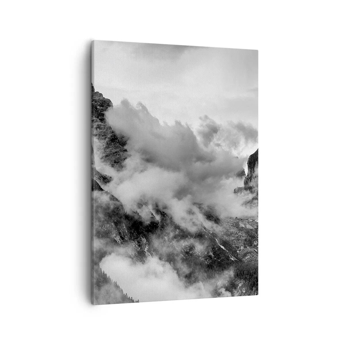 Cuadro sobre lienzo - Impresión de Imagen - Vista en blanco y negro de montañas rodeadas de nubes. - 50x70cm - Hermoso y cruel - Decoración de pared moderna para salón y dormitorio ARTTOR