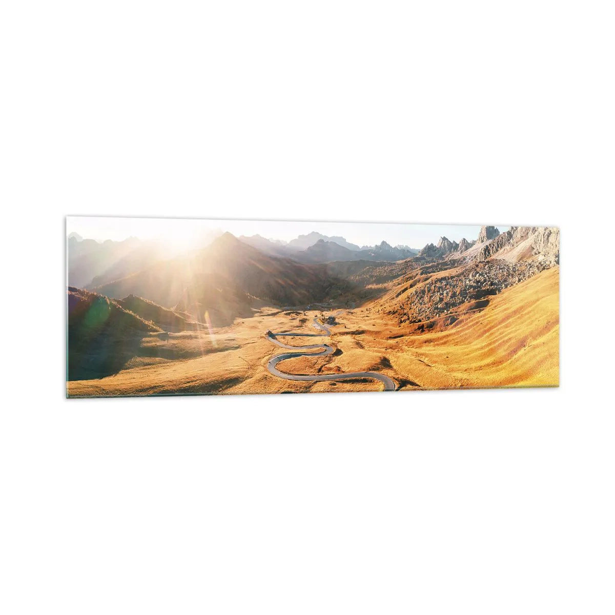 Cuadro sobre vidrio - Impresiones sobre Vidrio - Un camino sinuoso en las montañas iluminado por el sol poniente. - 160x50cm - En un valle dorado - Decoración de pared moderna para salón y dormitorio ARTTOR