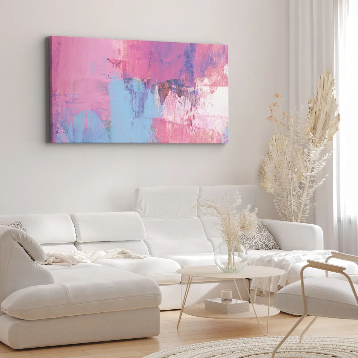 Cuadro sobre lienzo - Impresión de Imagen - Composición abstracta en rosa y azul. - 140x50cm - Rosa, azul y una pizca de luz - Decoración de pared moderna para salón y dormitorio ARTTOR