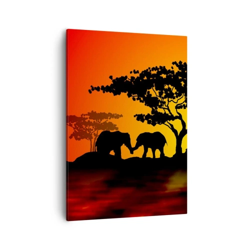 Cuadro sobre lienzo - Impresión de Imagen - Atardecer africano con siluetas de elefantes y jirafas sobre el agua - 50x70cm - Reunión en la sabana - Decoración de pared moderna para salón y dormitorio ARTTOR