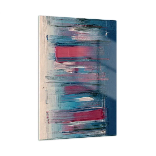 Cuadro sobre vidrio - Impresiones sobre Vidrio - Pinceladas verticales en rojo y azul sobre fondo beige - 50x70cm - Composición vertical en azul y rojo - Decoración de pared moderna para salón y dormitorio ARTTOR