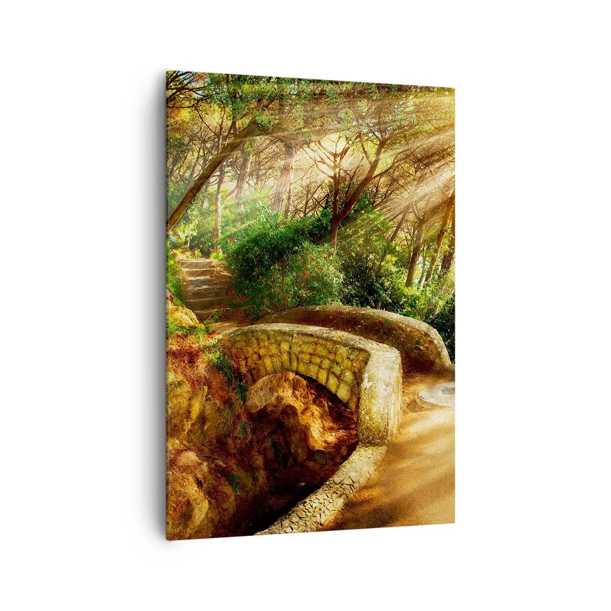 Cuadro sobre lienzo - Impresión de Imagen - Paisaje forestal con rayos de sol y un puente de piedra. - 70x100cm - Directamente desde el puente hacia el bosque de las hadas - Decoración de pared moderna para salón y dormitorio ARTTOR