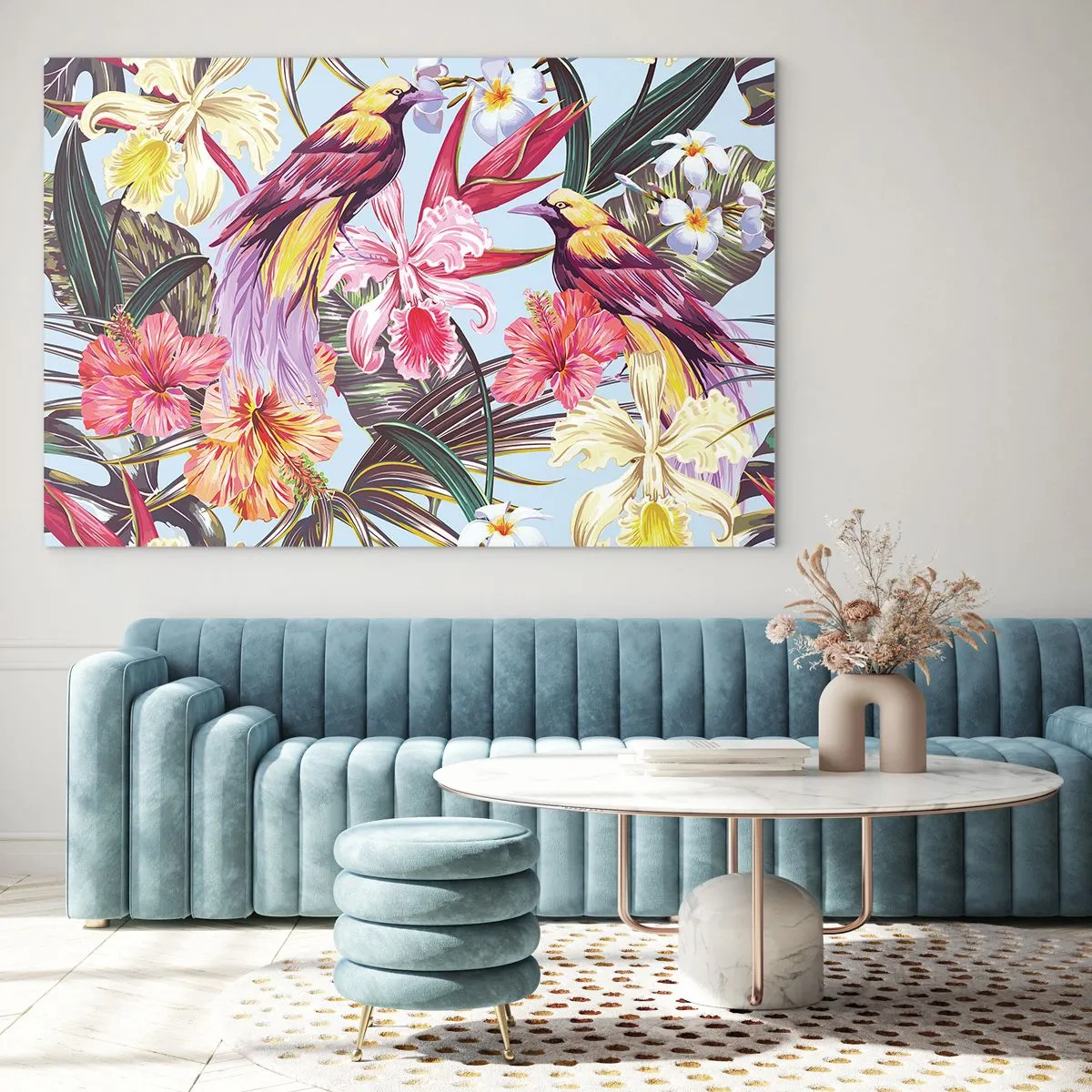 Cuadro sobre vidrio - Impresiones sobre Vidrio - Aves y flores exóticas sobre un fondo claro. - 120x80cm - Pétalos y plumas - Decoración de pared moderna para salón y dormitorio ARTTOR