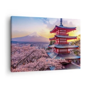 Cuadro sobre lienzo - Impresión de Imagen - Una pagoda en Japón con flores de cerezo y el monte Fuji. - 70x50cm - La esencia del espíritu japonés - Decoración de pared moderna para salón y dormitorio ARTTOR