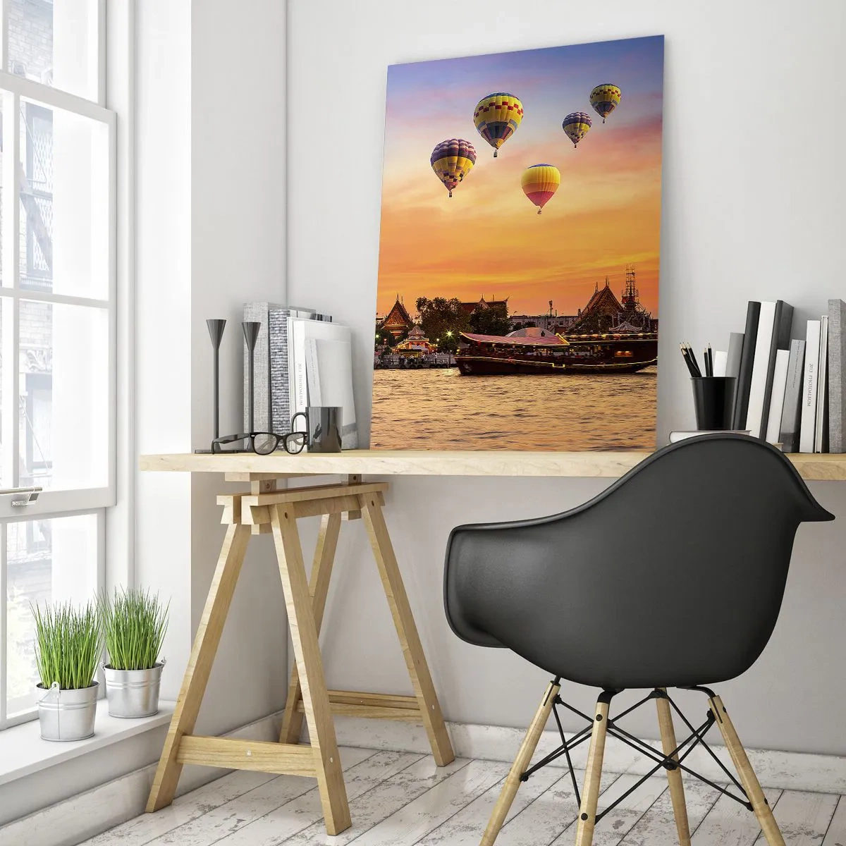 Cuadro sobre vidrio - Impresiones sobre Vidrio - Un templo y globos con el sol poniente sobre el río como telón de fondo. - 80x120cm - Aquí es donde nacen los cuentos de hadas - Decoración de pared moderna para salón y dormitorio ARTTOR
