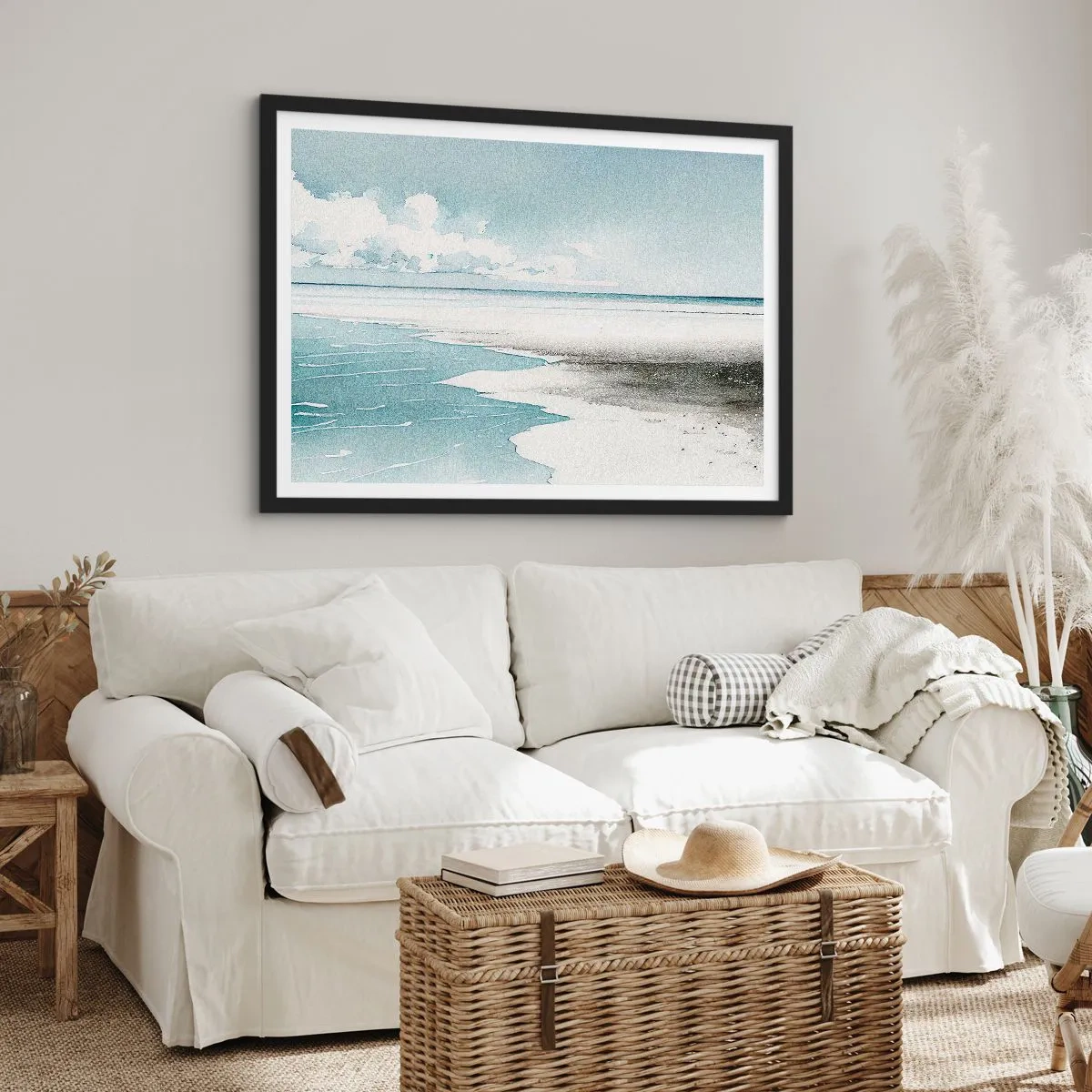 Póster en marco negro - Un mar tranquilo y una playa en tonos claros de azul. - 70x50cm - Suave marea otoñal - Decoración de pared moderna para salón y dormitorio ARTTOR