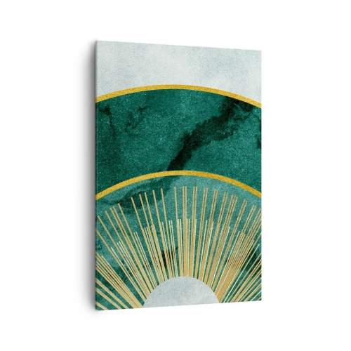 Cuadro sobre lienzo - Impresión de Imagen - Patrón abstracto con círculos en colores esmeralda y dorado. - 70x100cm - Un sistema solar diferente - Decoración de pared moderna para salón y dormitorio ARTTOR