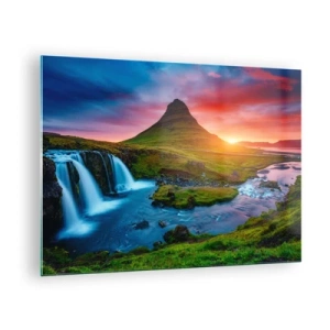 Cuadro sobre vidrio - Impresiones sobre Vidrio - Islandia - fuego y agua - 70x50cm - Islandia - fuego y agua - Decoración de pared moderna para salón y dormitorio ARTTOR