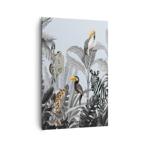 Cuadro sobre lienzo - Impresión de Imagen - Selva tropical con animales exóticos sobre un fondo gris. - 80x120cm - Un cuento de hadas africano - Decoración de pared moderna para salón y dormitorio ARTTOR