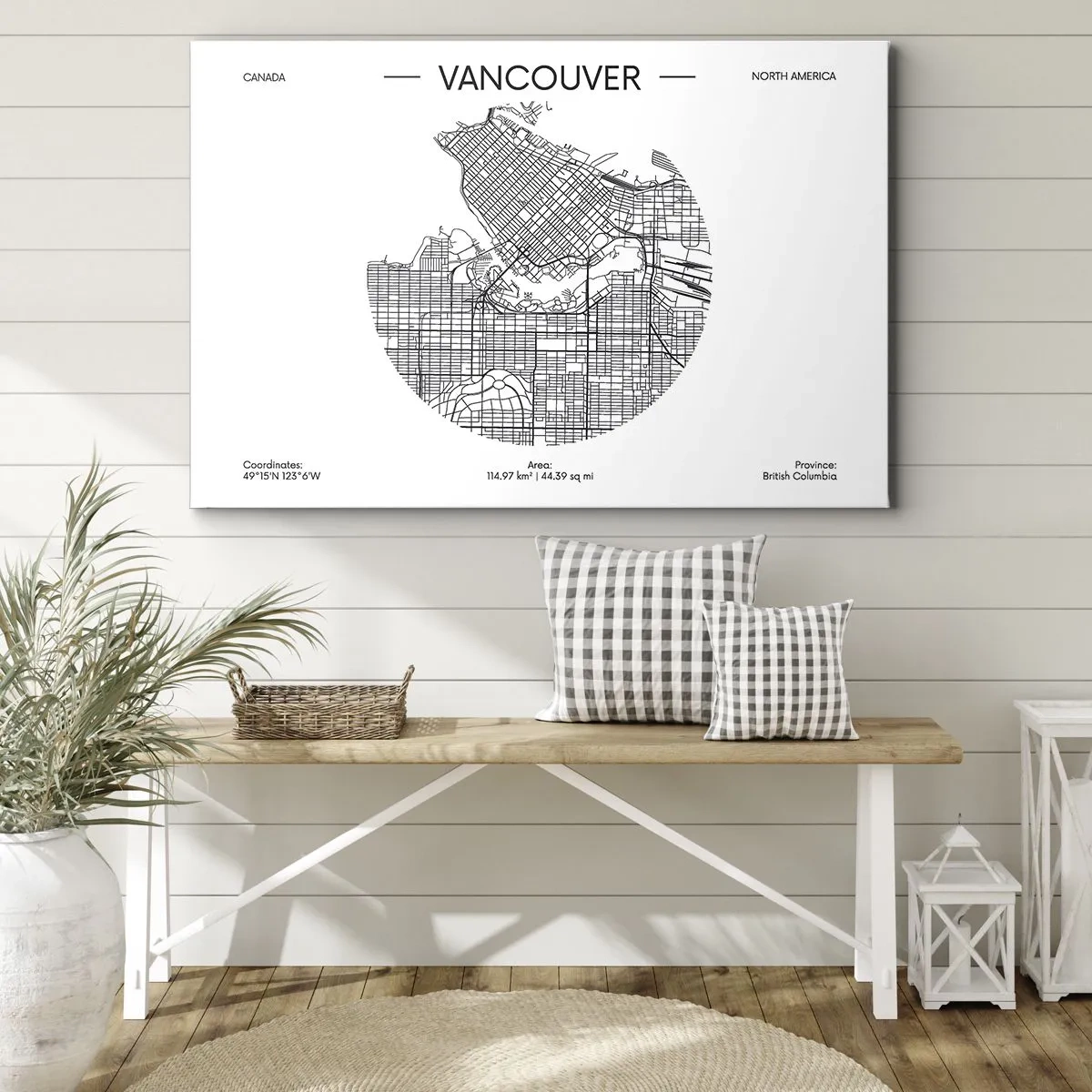 Cuadro sobre lienzo - Impresión de Imagen - Un mapa de Vancouver en un estilo minimalista en blanco y negro. - 120x80cm - Anatomía de Vancouver - Decoración de pared moderna para salón y dormitorio ARTTOR