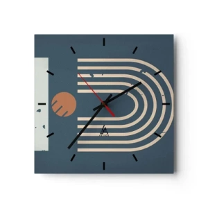 Reloj de pared - Reloj de vidrio - Patrón geométrico en tonos azul marino, beige y naranja sobre un fondo oscuro. - 30x30cm - Geometría sobre azul marino - Decoración de pared moderna para salón y dormitorio ARTTOR