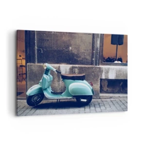 Cuadro sobre lienzo - Impresión de Imagen - Un scooter retro estacionado contra un muro de piedra. - 120x80cm - Momentos inolvidables - Decoración de pared moderna para salón y dormitorio ARTTOR
