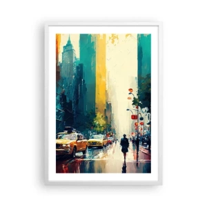 Póster en marco blanco - Nueva York - hasta la lluvia es colorida - 50x70 cm
