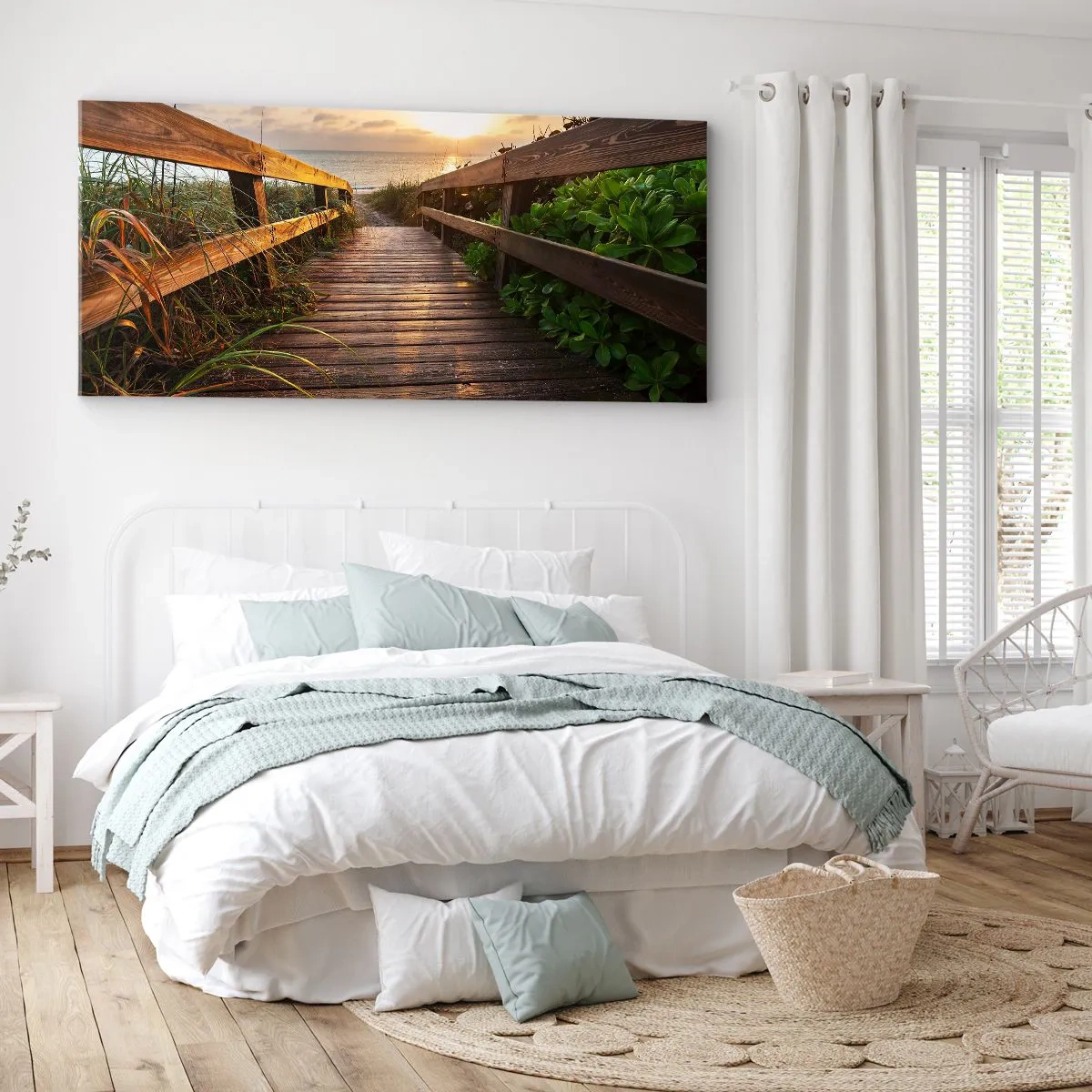 Cuadro sobre lienzo - Impresión de Imagen - Muelle de madera que conduce a la playa al atardecer - 140x50cm - Y directamente a la orilla - Decoración de pared moderna para salón y dormitorio ARTTOR