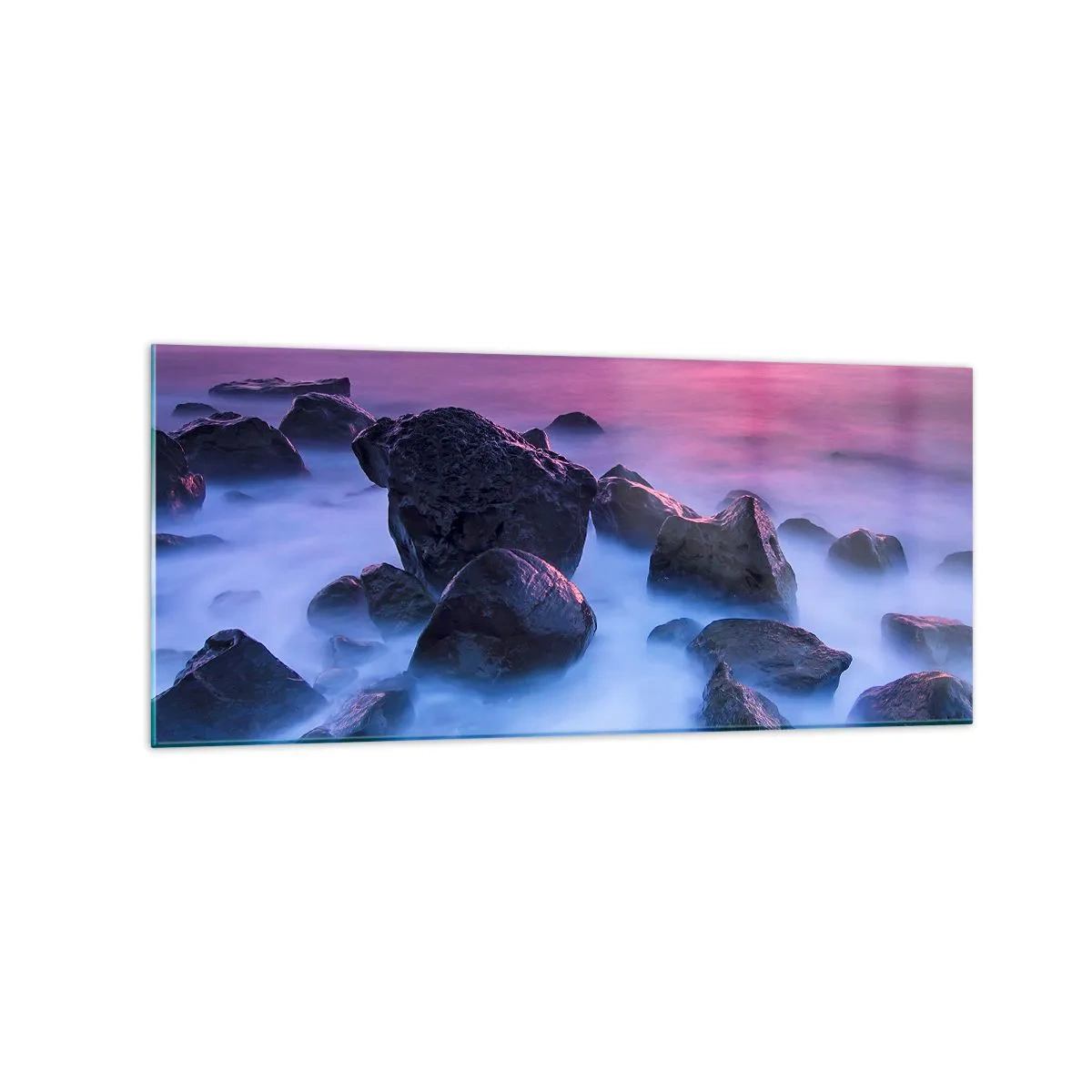 Cuadro sobre vidrio - Impresiones sobre Vidrio - Costa rocosa al atardecer - 120x50cm - Nacimiento en la luz y la niebla - Decoración de pared moderna para salón y dormitorio ARTTOR