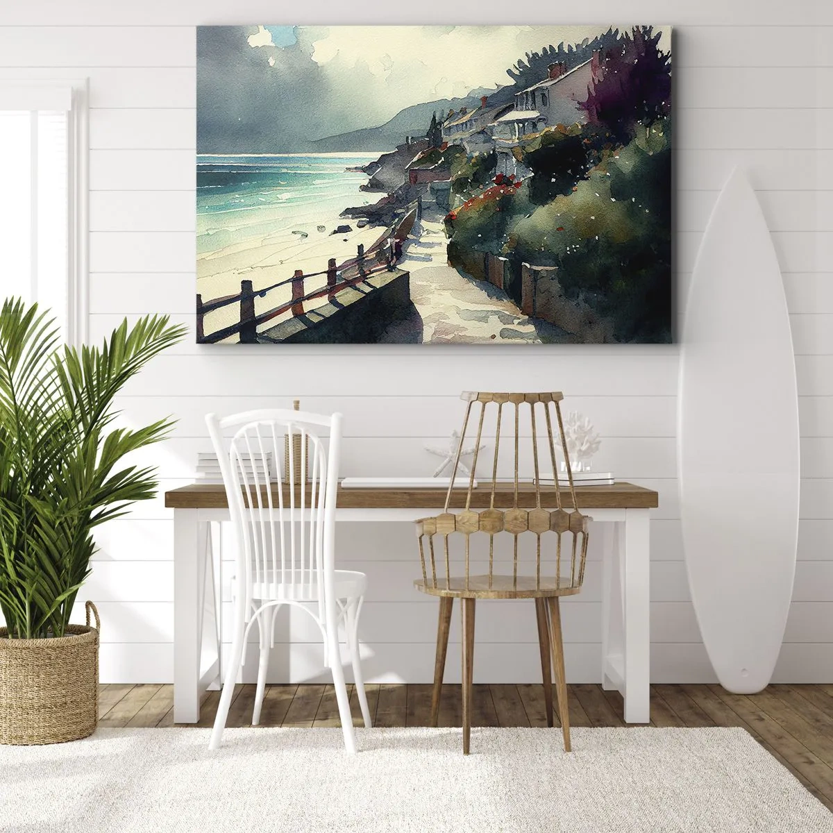 Cuadro sobre lienzo - Impresión de Imagen - Paseo marítimo con casas y vegetación - 70x50cm - Ciudad mediterránea - Decoración de pared moderna para salón y dormitorio ARTTOR