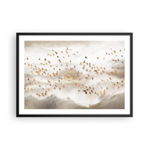 Póster en marco negro - Pájaros dorados contra las montañas brumosas - 70x50cm - Es hora... - Decoración de pared moderna para salón y dormitorio ARTTOR