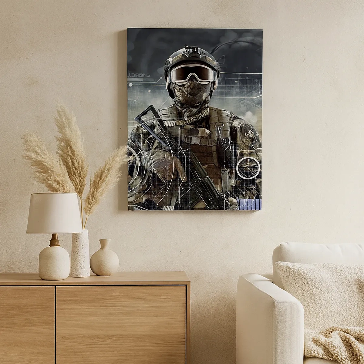Cuadro sobre lienzo - Impresión de Imagen - Un soldado con un casco futurista y una pistola en un fondo de tecnología. - 50x70cm - De poder a poder - Decoración de pared moderna para salón y dormitorio ARTTOR
