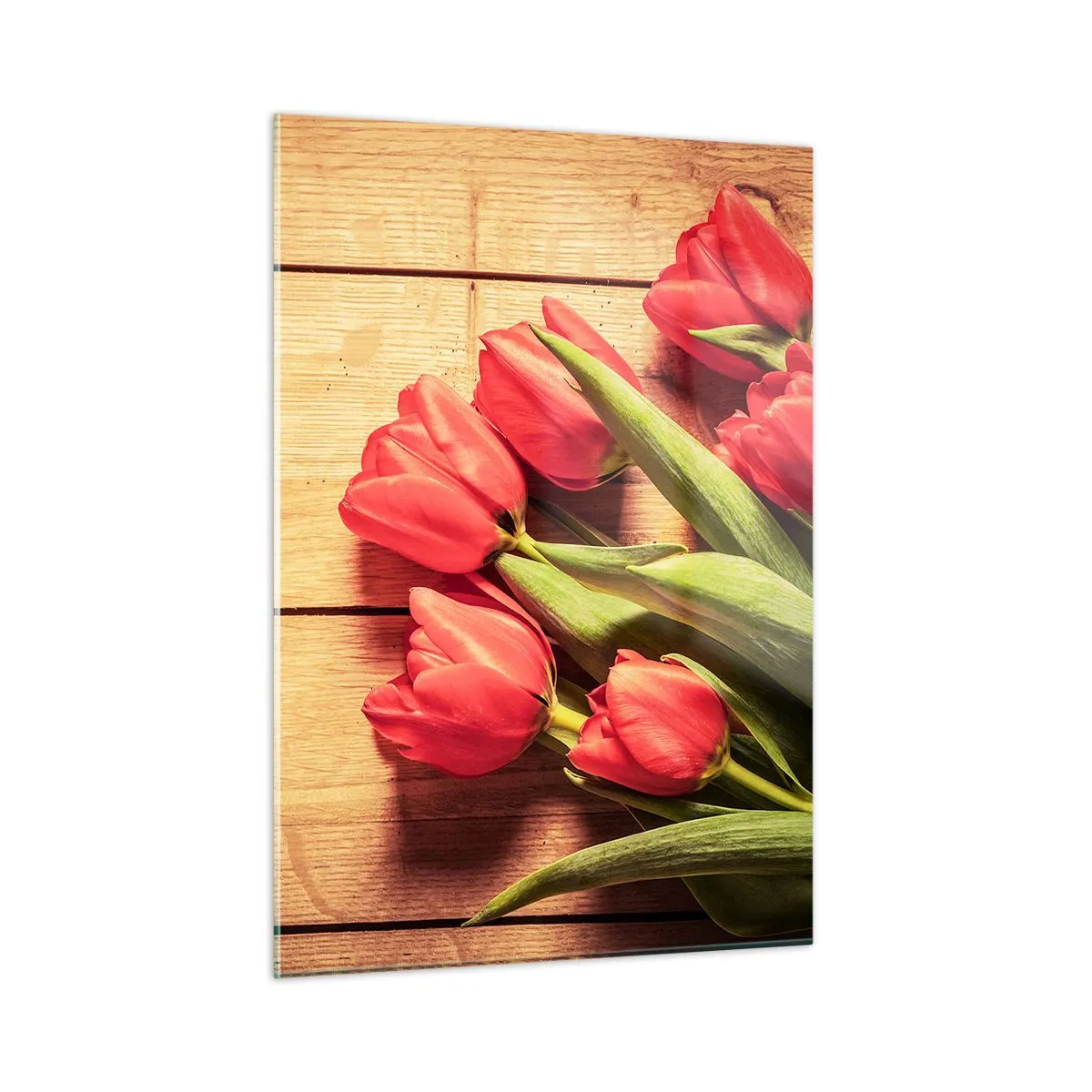 Cuadro sobre vidrio - Impresiones sobre Vidrio - Tulipanes rojos sobre una tabla de madera - 50x70cm - Una confesión primaveral - Decoración de pared moderna para salón y dormitorio ARTTOR