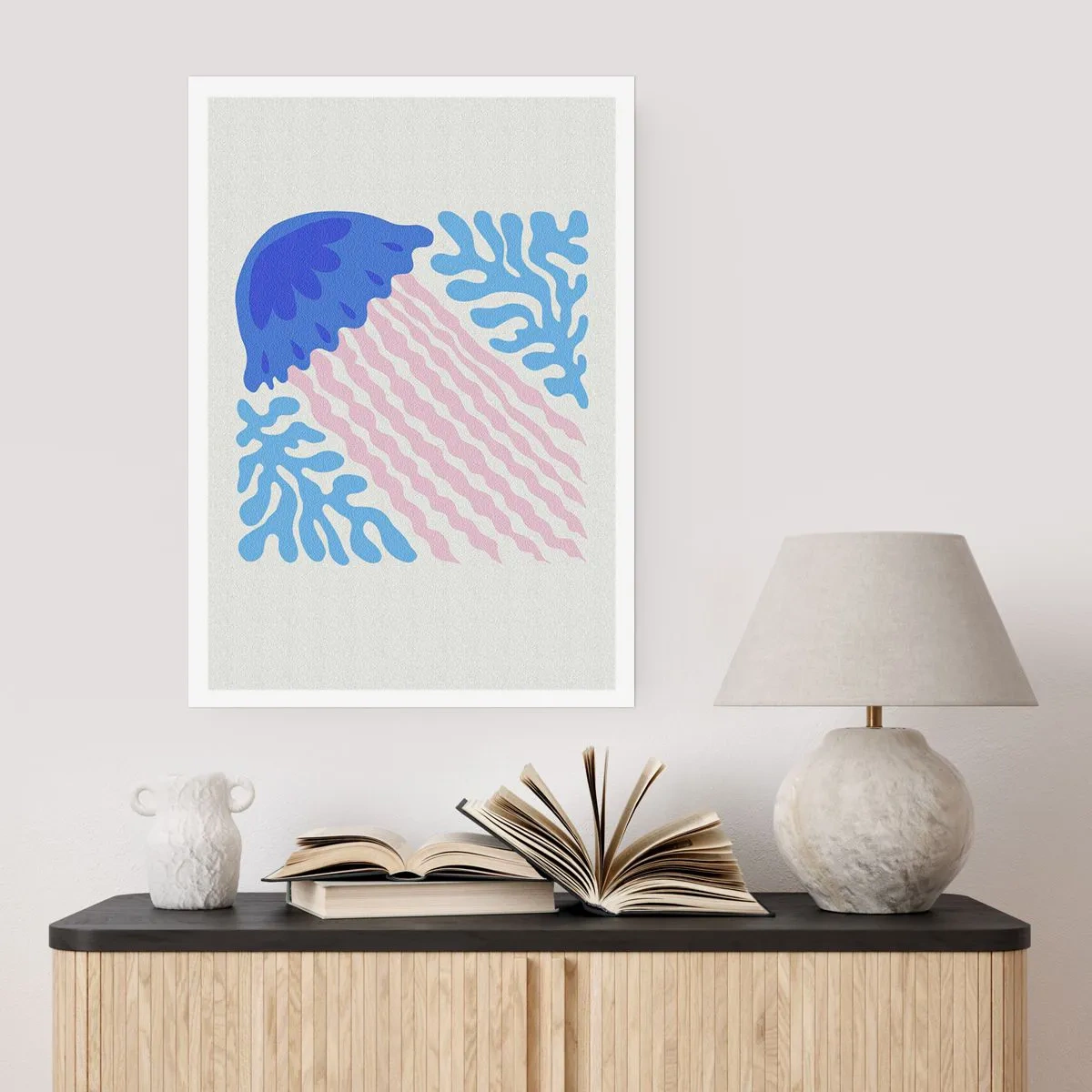 Póster - Medusas estilizadas rodeadas de vegetación submarina. - 50x70cm - Como de otro mundo - Decoración de pared moderna para salón y dormitorio ARTTOR
