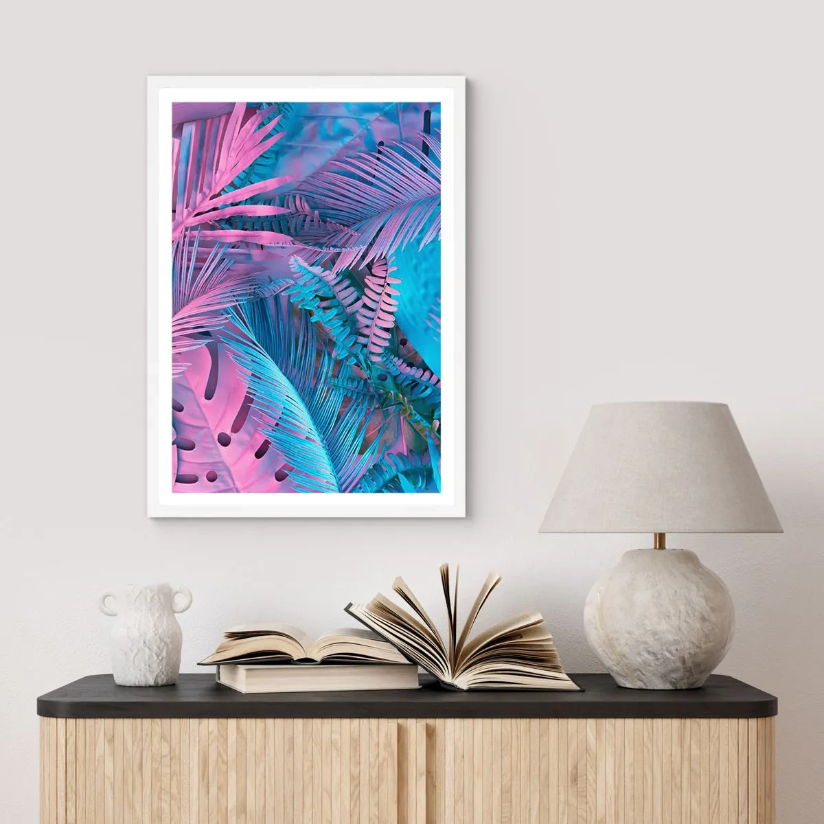 Póster en marco blanco - Trópicos en rosa y azul - 50x70 cm