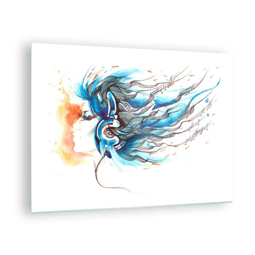 Cuadro sobre vidrio - Impresiones sobre Vidrio - Una mujer con cabello azul y auriculares, en una expresión musical. - 70x50cm - Que suene la música - Decoración de pared moderna para salón y dormitorio ARTTOR