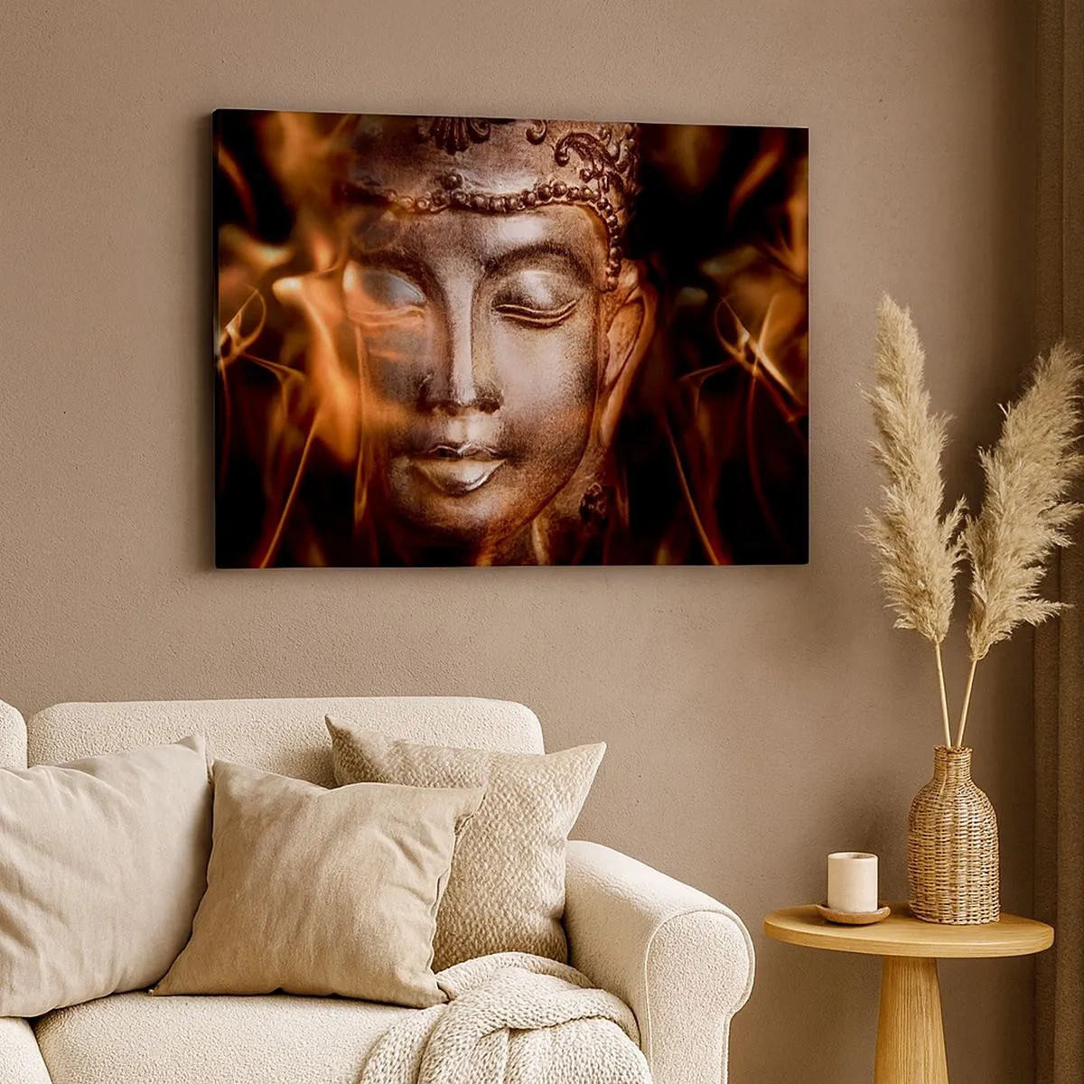 Cuadro sobre lienzo - Impresión de Imagen - Una estatua de Buda en medio de llamas de tonos dorados. - 70x50cm - Solo existe el aquí y el ahora - Decoración de pared moderna para salón y dormitorio ARTTOR