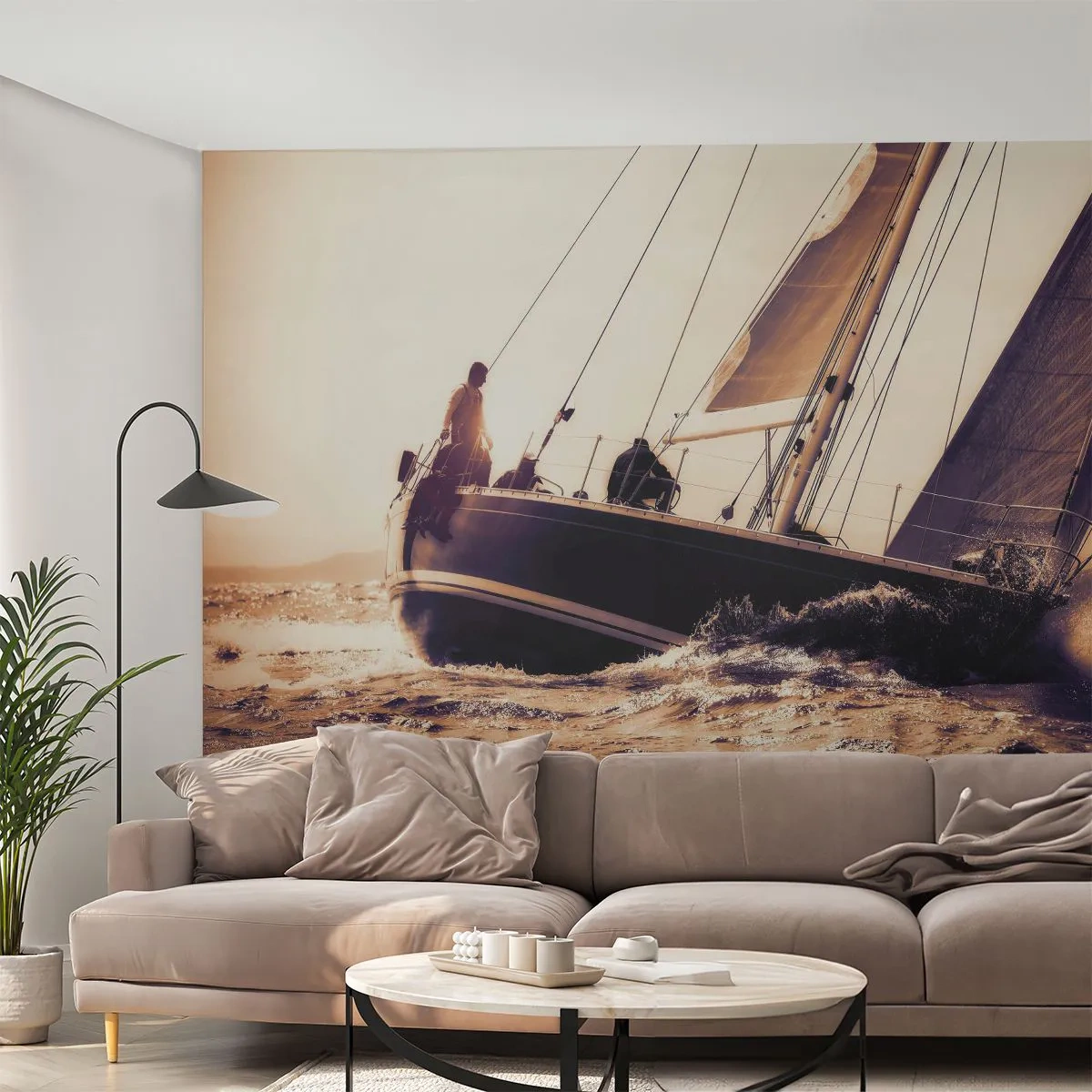 Fotomural Premium Sand - Un velero en un mar tempestuoso a la luz del sol poniente. - 100x70cm - Navega, marinero - Decoración de pared moderna para salón y dormitorio ARTTOR
