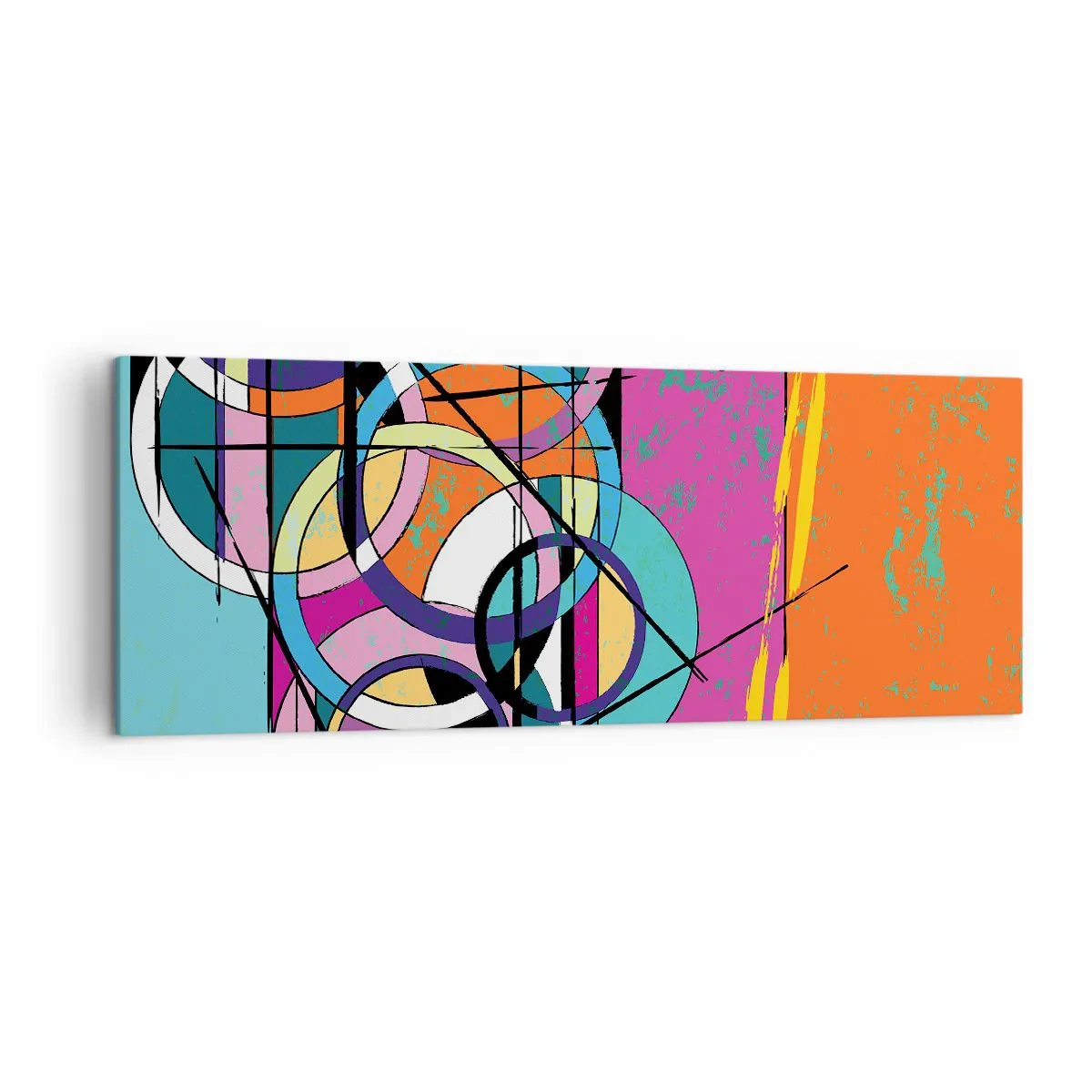 Cuadro sobre lienzo - Impresión de Imagen - Abstracción colorida con círculos geométricos. - 140x50cm - Círculo sobre círculo - Decoración de pared moderna para salón y dormitorio ARTTOR