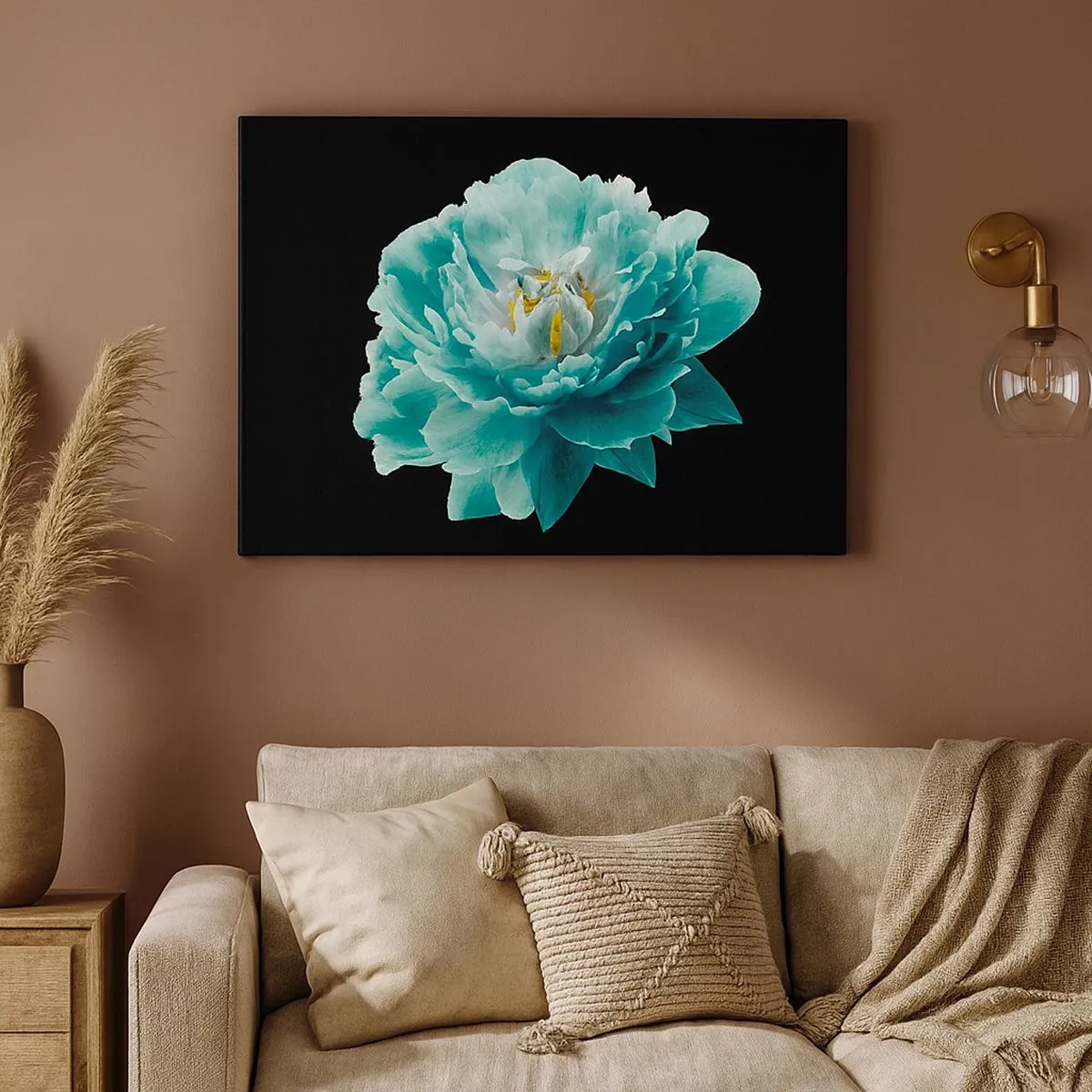 Cuadro sobre lienzo - Impresión de Imagen - Flor de peonía turquesa sobre fondo negro - 70x50cm - Pétalos azules y dorados - Decoración de pared moderna para salón y dormitorio ARTTOR