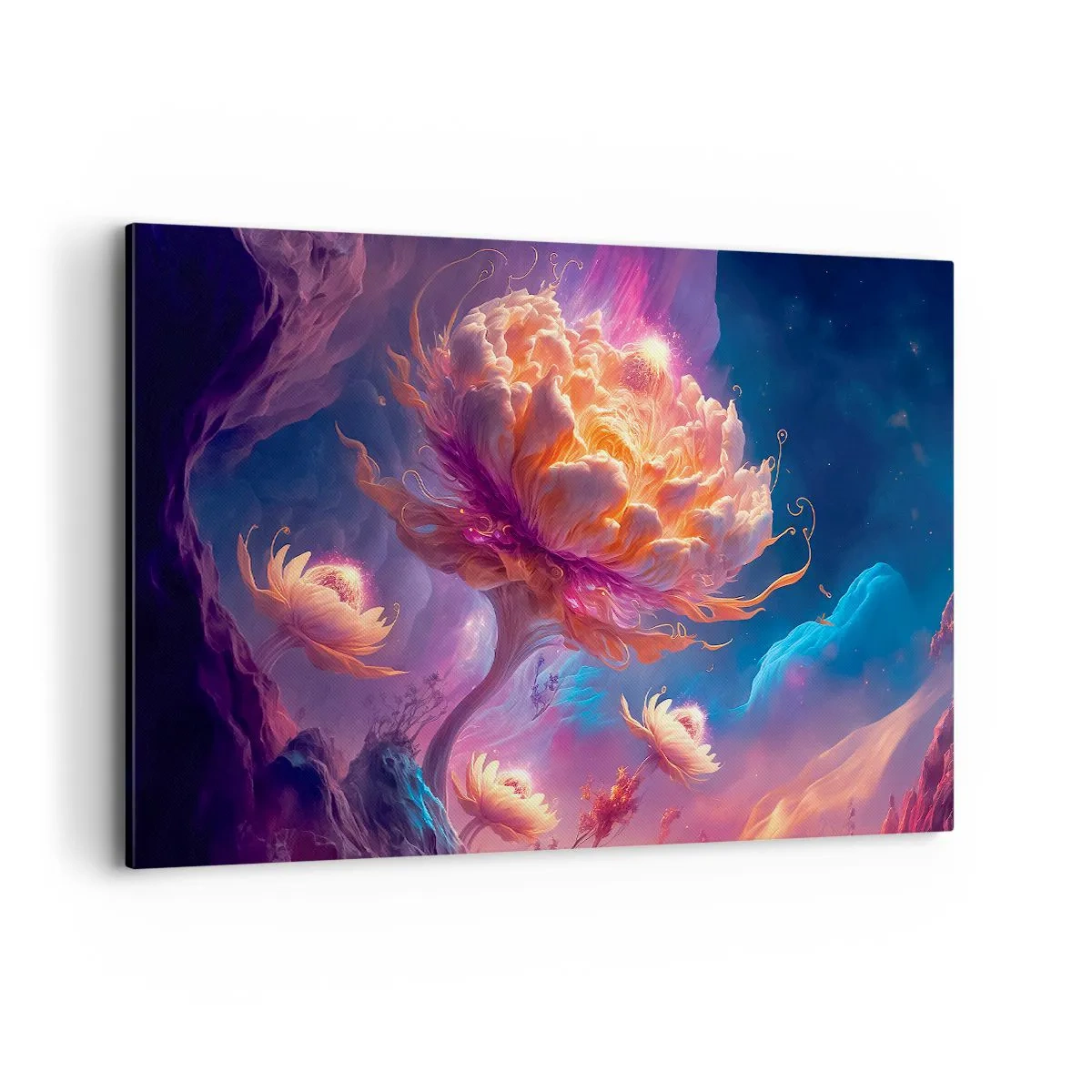 Cuadro sobre lienzo - Impresión de Imagen - Flores de fantasía en un paisaje cósmico. - 120x80cm - Otro mundo - Decoración de pared moderna para salón y dormitorio ARTTOR