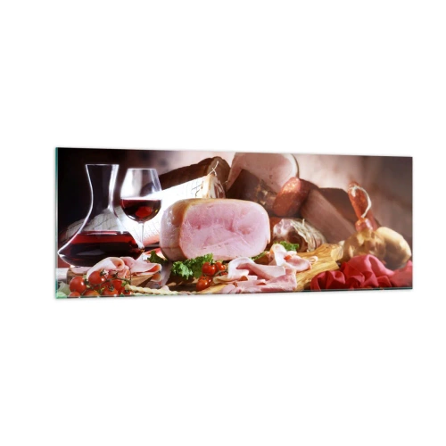 Cuadro sobre vidrio - Impresiones sobre Vidrio - Embutidos con vino sobre fondo rústico - 140x50cm - Un sueño culinario  - Decoración de pared moderna para salón y dormitorio ARTTOR