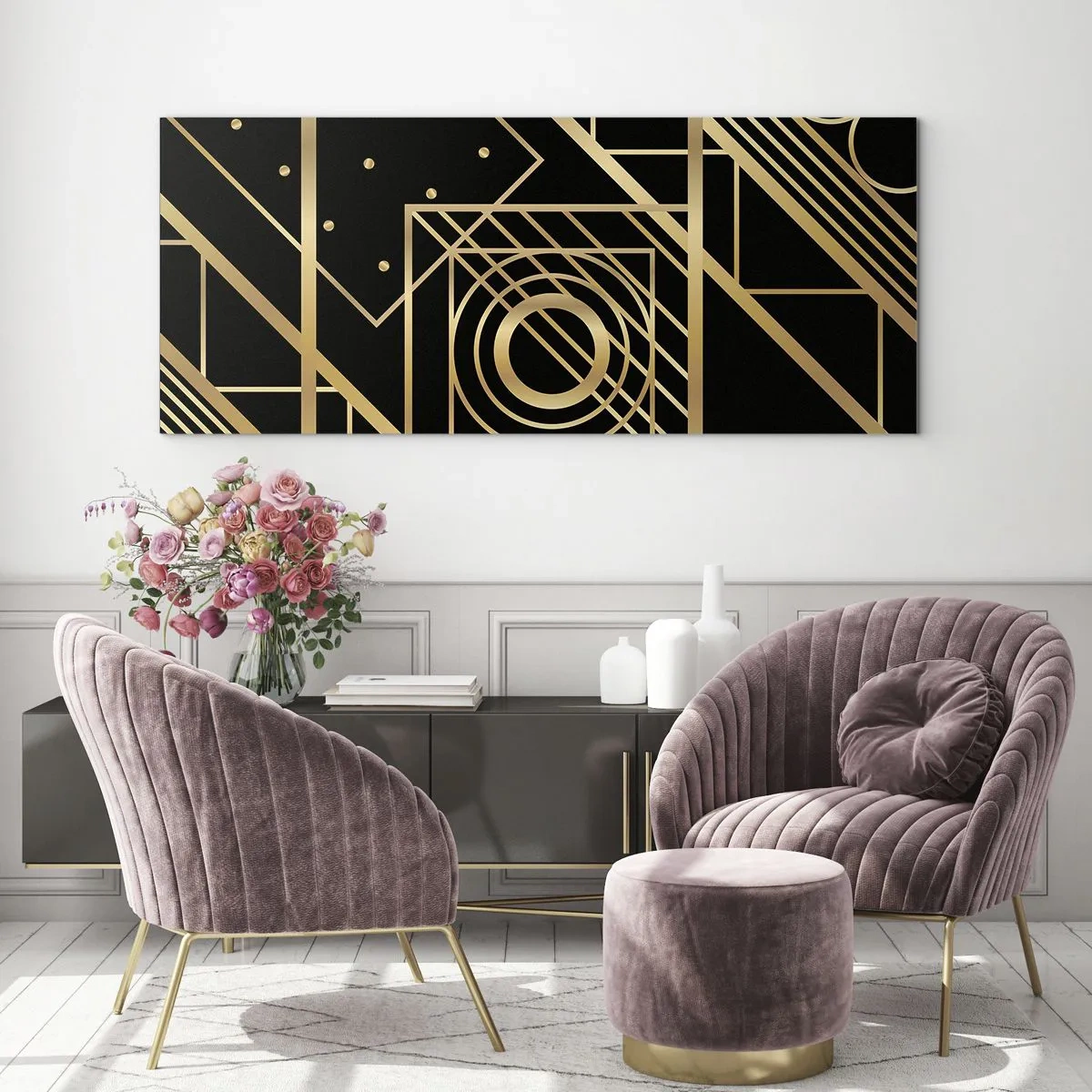 Cuadro sobre vidrio - Impresiones sobre Vidrio - Patrones geométricos dorados sobre un fondo negro - 160x50cm - Geometría dorada - Decoración de pared moderna para salón y dormitorio ARTTOR