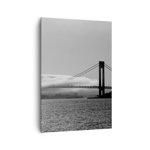 Cuadro sobre lienzo - Impresión de Imagen - Un puente sobre el agua envuelto en niebla en una toma en blanco y negro. - 70x100cm - Navegue por el Golden Gate - Decoración de pared moderna para salón y dormitorio ARTTOR