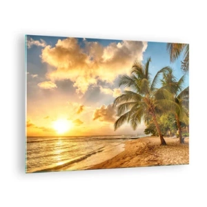 Cuadro sobre vidrio - Impresiones sobre Vidrio - Playa de palmeras al atardecer con cálidos colores de cielo - 70x50cm - El eterno verano, siempre de vacaciones - Decoración de pared moderna para salón y dormitorio ARTTOR