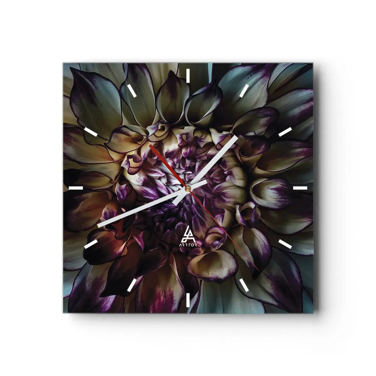 Reloj de pared - Reloj de vidrio - Primer plano de una flor de dalia en tonos oscuros. - 30x30cm - El florecimiento de la hermosura - Decoración de pared moderna para salón y dormitorio ARTTOR