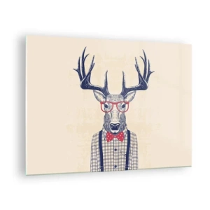 Cuadro sobre vidrio - Impresiones sobre Vidrio - Ilustración de un ciervo con gafas y pajarita. - 70x50cm - Una extravagancia lúdica - Decoración de pared moderna para salón y dormitorio ARTTOR