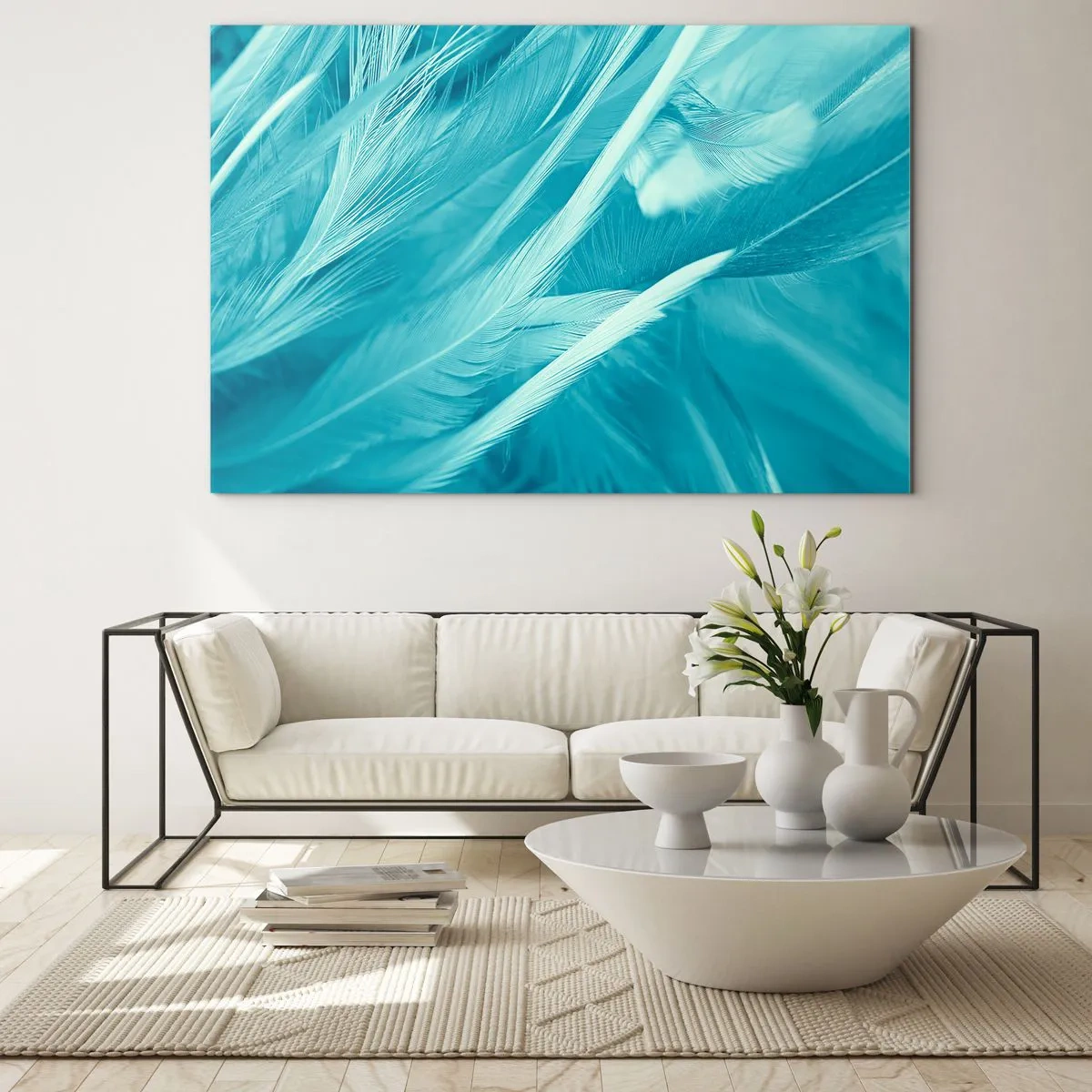Cuadro sobre vidrio - Impresiones sobre Vidrio - Plumas turquesas en un delicado primer plano - 70x50cm - Un manto real  - Decoración de pared moderna para salón y dormitorio ARTTOR