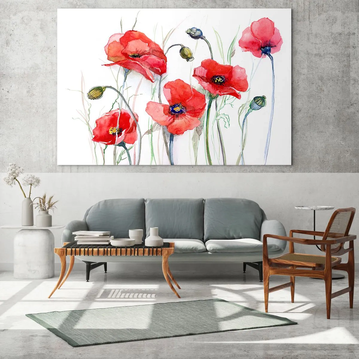 Cuadro sobre vidrio - Impresiones sobre Vidrio - Amapolas rojas de acuarela sobre un fondo blanco - 100x70cm - Flores polacas - Decoración de pared moderna para salón y dormitorio ARTTOR