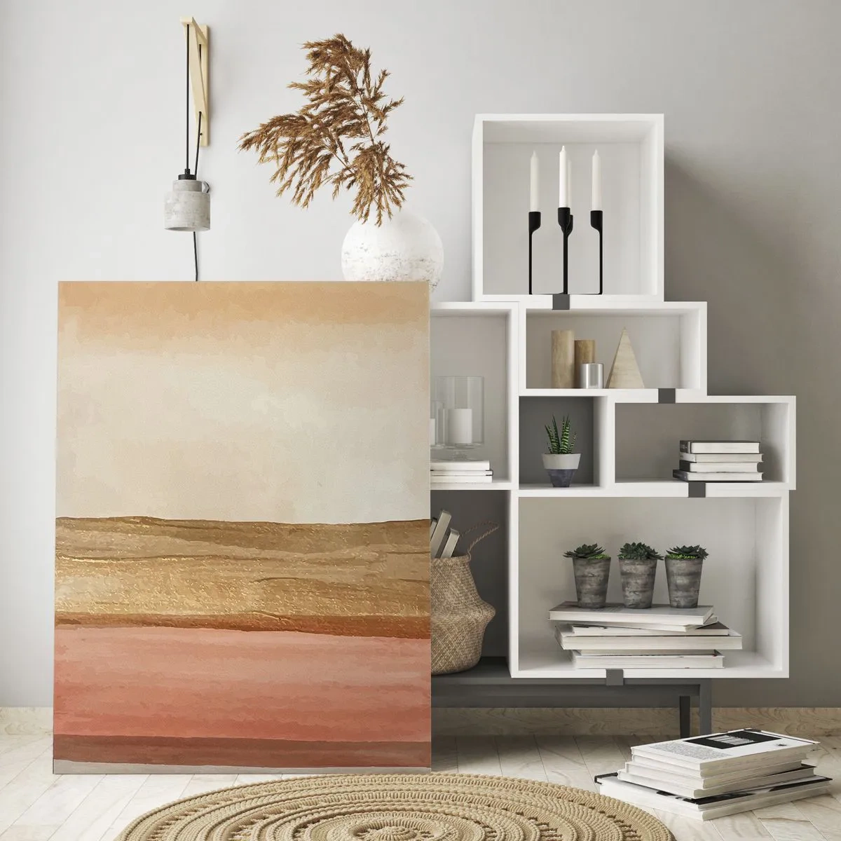 Cuadro sobre vidrio - Impresiones sobre Vidrio - Rayas abstractas en tonos cálidos de beige y dorado. - 50x70cm - Composición vertical - Decoración de pared moderna para salón y dormitorio ARTTOR
