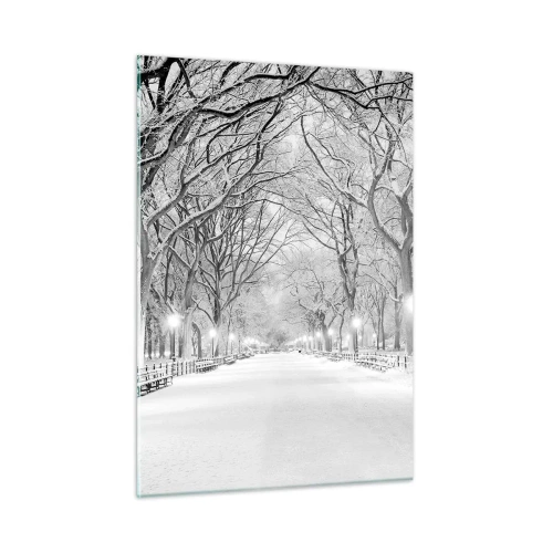 Cuadro sobre vidrio - Impresiones sobre Vidrio - Callejón de árboles de invierno en el parque con luces y nieve. - 50x70cm - Cuatro estaciones - invierno - Decoración de pared moderna para salón y dormitorio ARTTOR