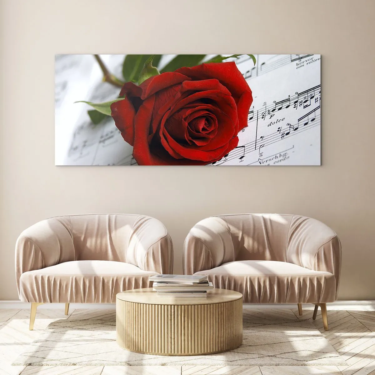 Cuadro sobre vidrio - Impresiones sobre Vidrio - La música de los sentimientos en escarlata - 100x40 cm