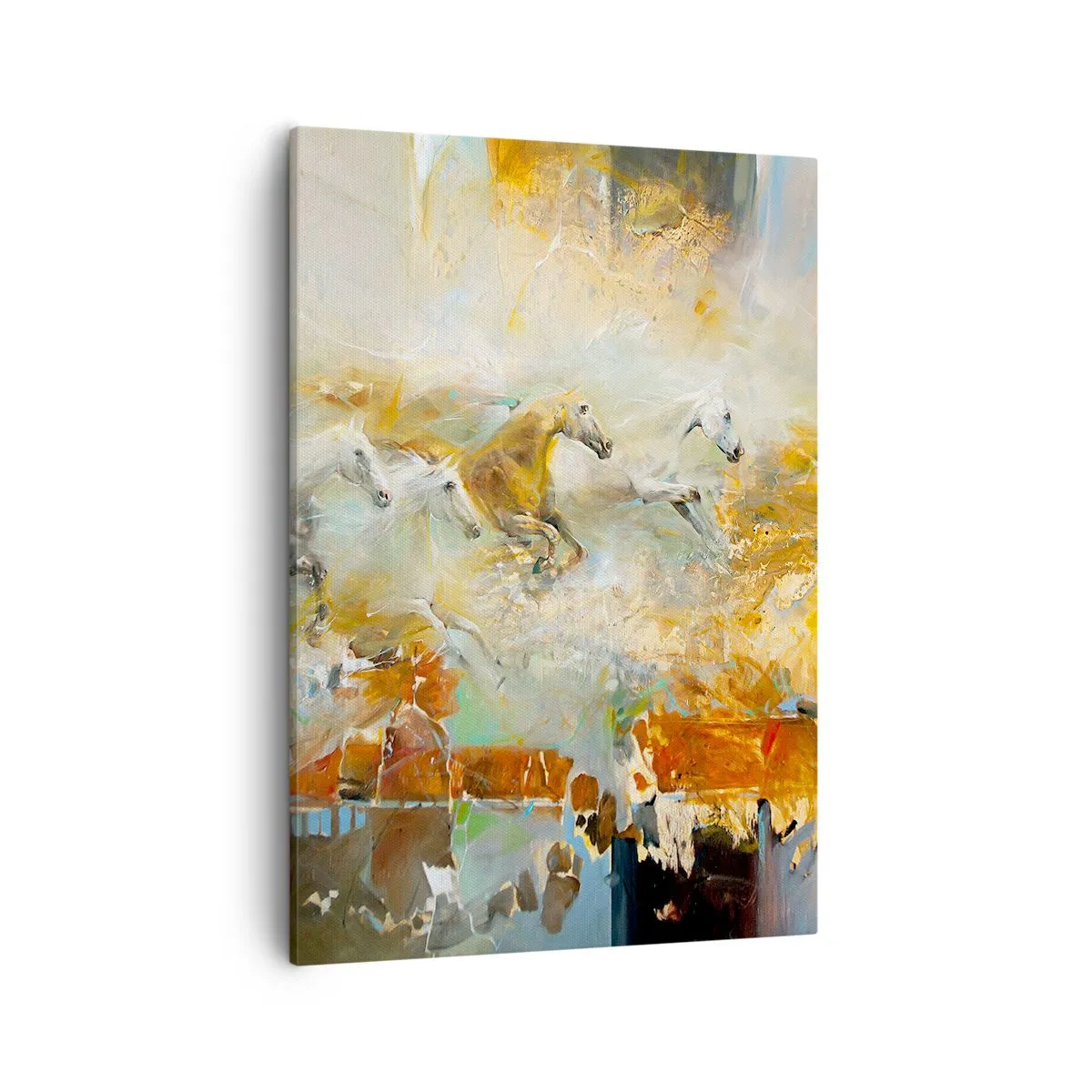 Cuadro sobre lienzo - Impresión de Imagen - Caballos artísticos en un entorno dinámico y colorido. - 50x70cm - Galopando a través de la luz - Decoración de pared moderna para salón y dormitorio ARTTOR