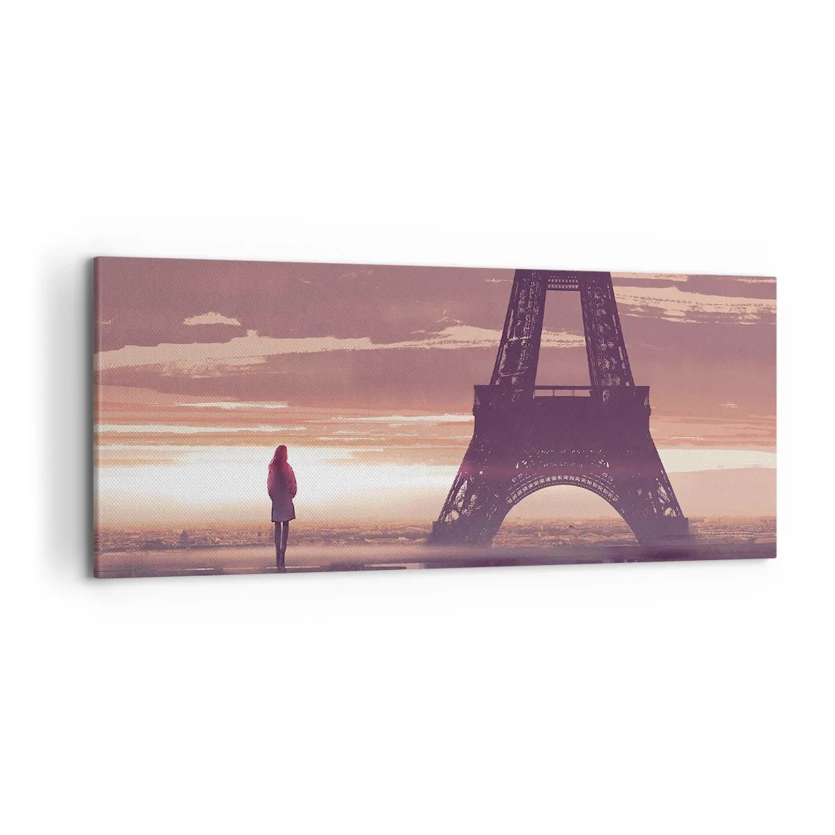 Cuadro sobre lienzo - Impresión de Imagen - Una figura mirando la Torre Eiffel a la luz del sol poniente. - 120x50cm - Sólo ellas dos - Decoración de pared moderna para salón y dormitorio ARTTOR